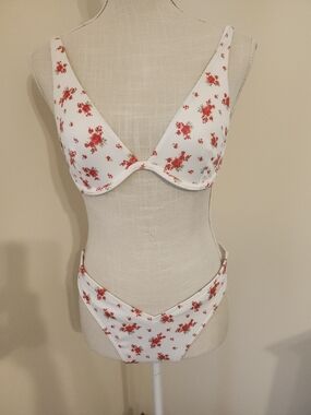 Hollister White Bikini Bra & Brief Set with Red Floral Print